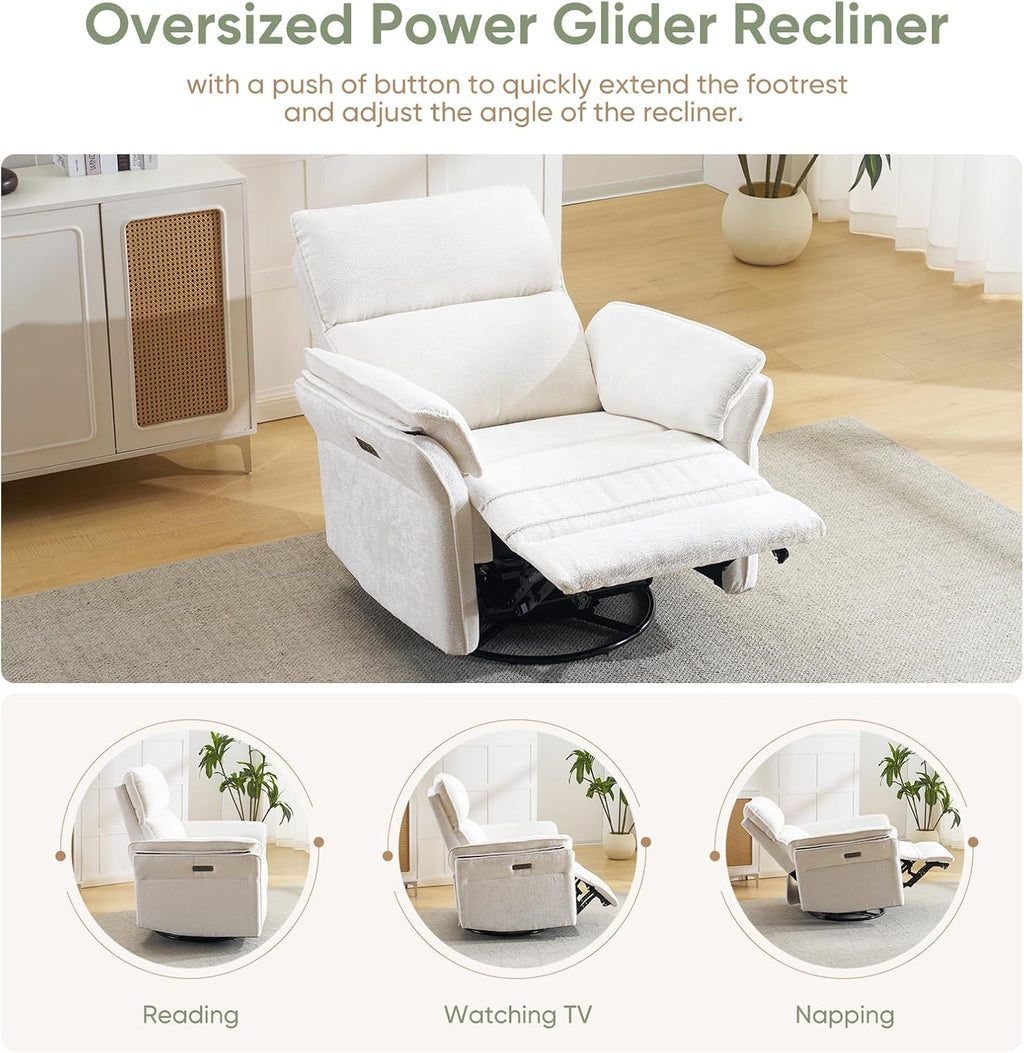 Power Swivel Rocker Recliner, Glider Recliner Nursery Chair with Massage and Heat, Nursery Rocking Chairs with Adjustable Headrest for Living Room，USB Ports,Side Pockets,Chenille White