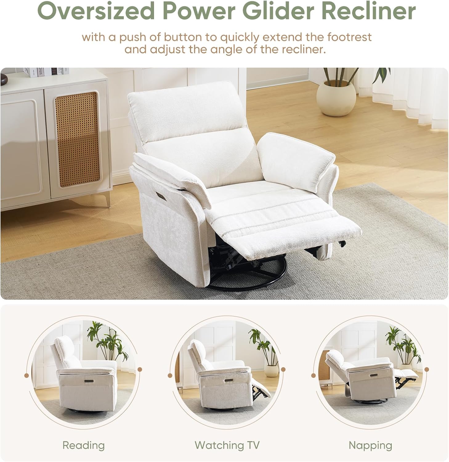 Power Swivel Rocker Recliner, Glider Recliner Nursery Chair with Massage and Heat, Nursery Rocking Chairs with Adjustable Headrest for Living Room，USB Ports,Side Pockets,Chenille White