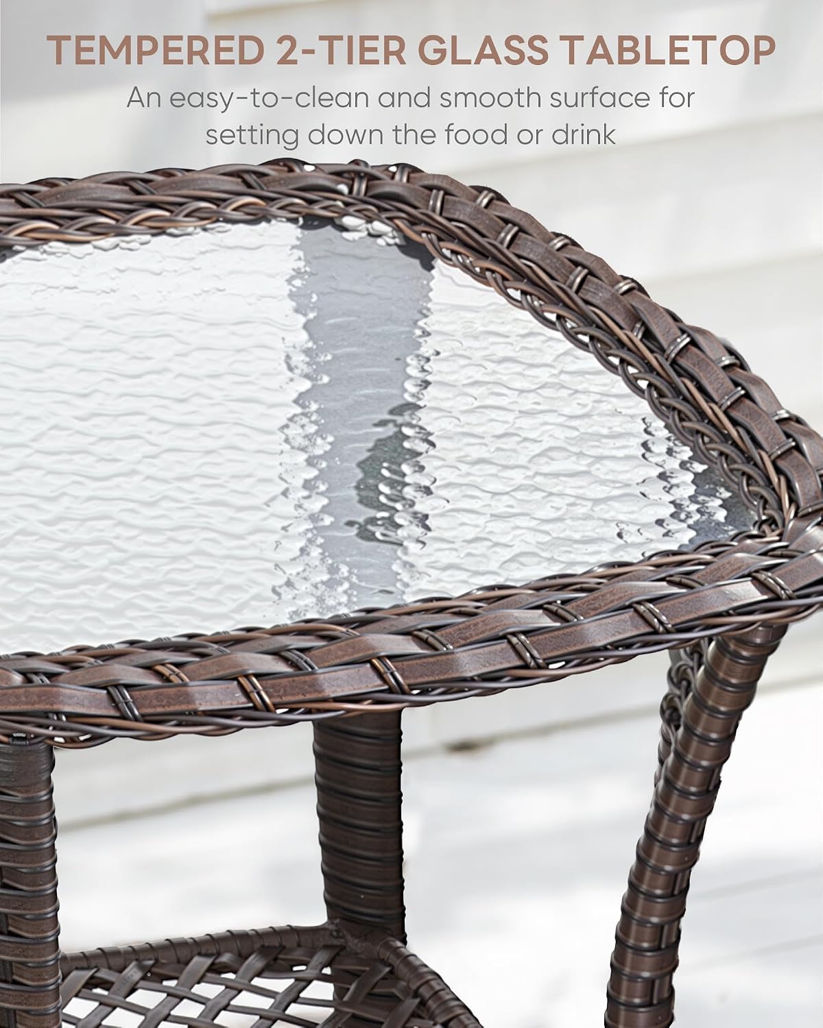 3 Piece Patio Swivel Chairs and Side Table Set - High Back Outdoor Brown Wicker Rattan Rocking Glider with Thick Cushions for Porch Apartment Deck Yard Poolside Garden - Navy Blue