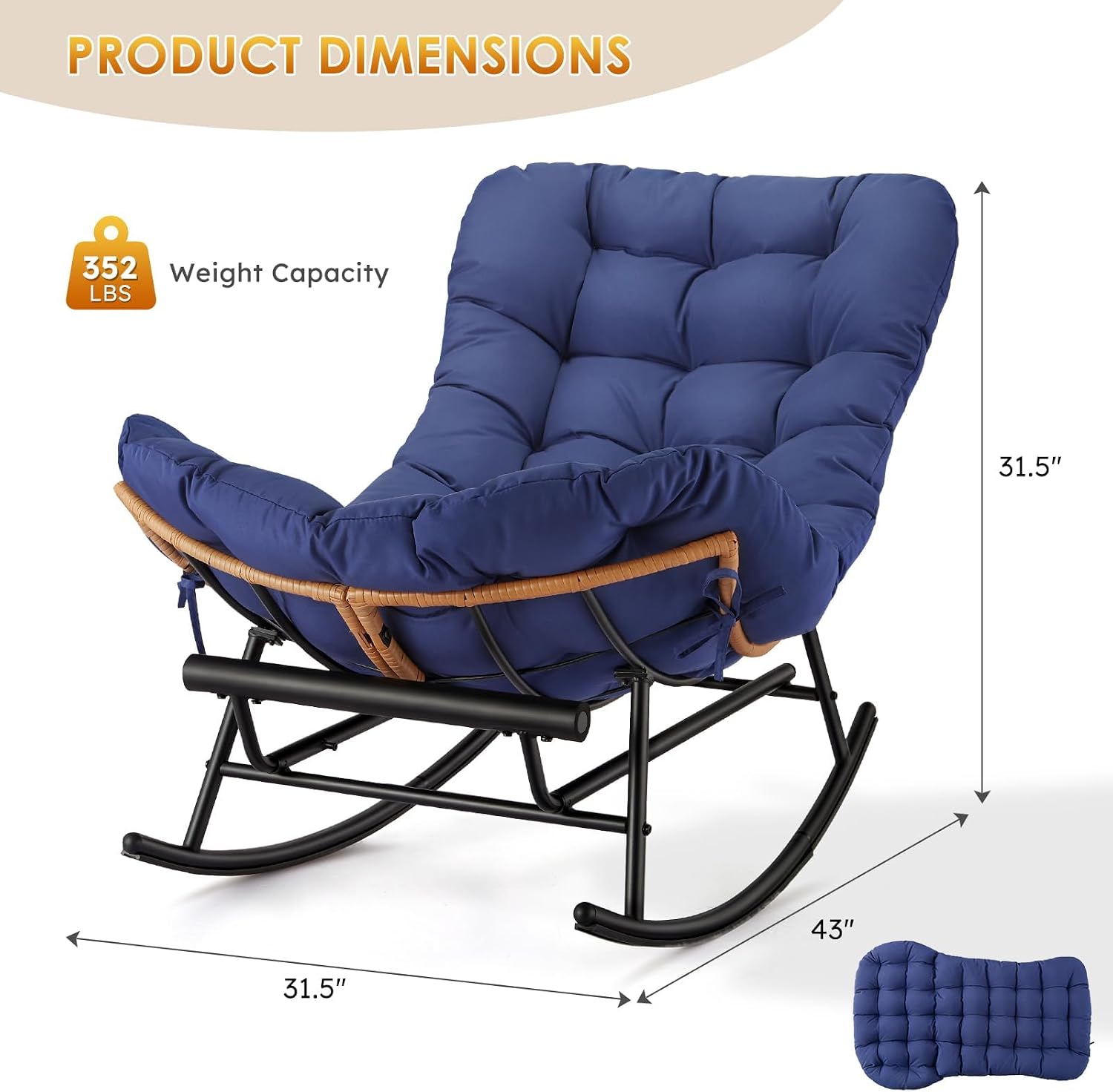 Takywep Rocking Chair - Oversized Outdoor Rocking Chairs with Footrest, Indoor Papasan Rocker Egg Chair for Bedroom, Living Room, Porch, Garden, Lawn (Royal Blue-Polyester)