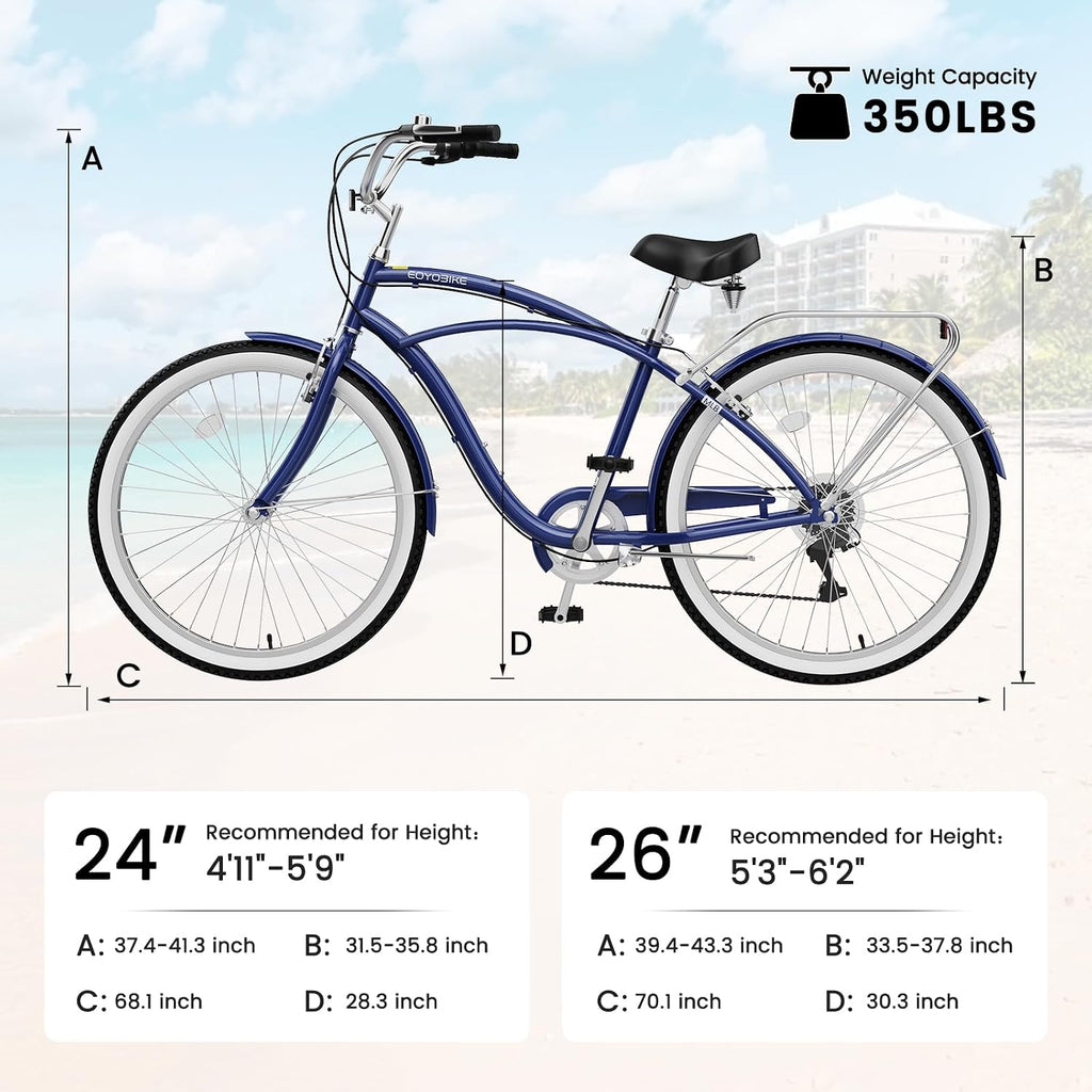 Cruiser Bike for Adults, 7-Speed Beach Cruiser Bicycle, 24/26 Inch Step-Through or High-Bar Frame, Comfort City Commuter Bike with Rear Rack, Fenders, Wide Saddle for Women & Men