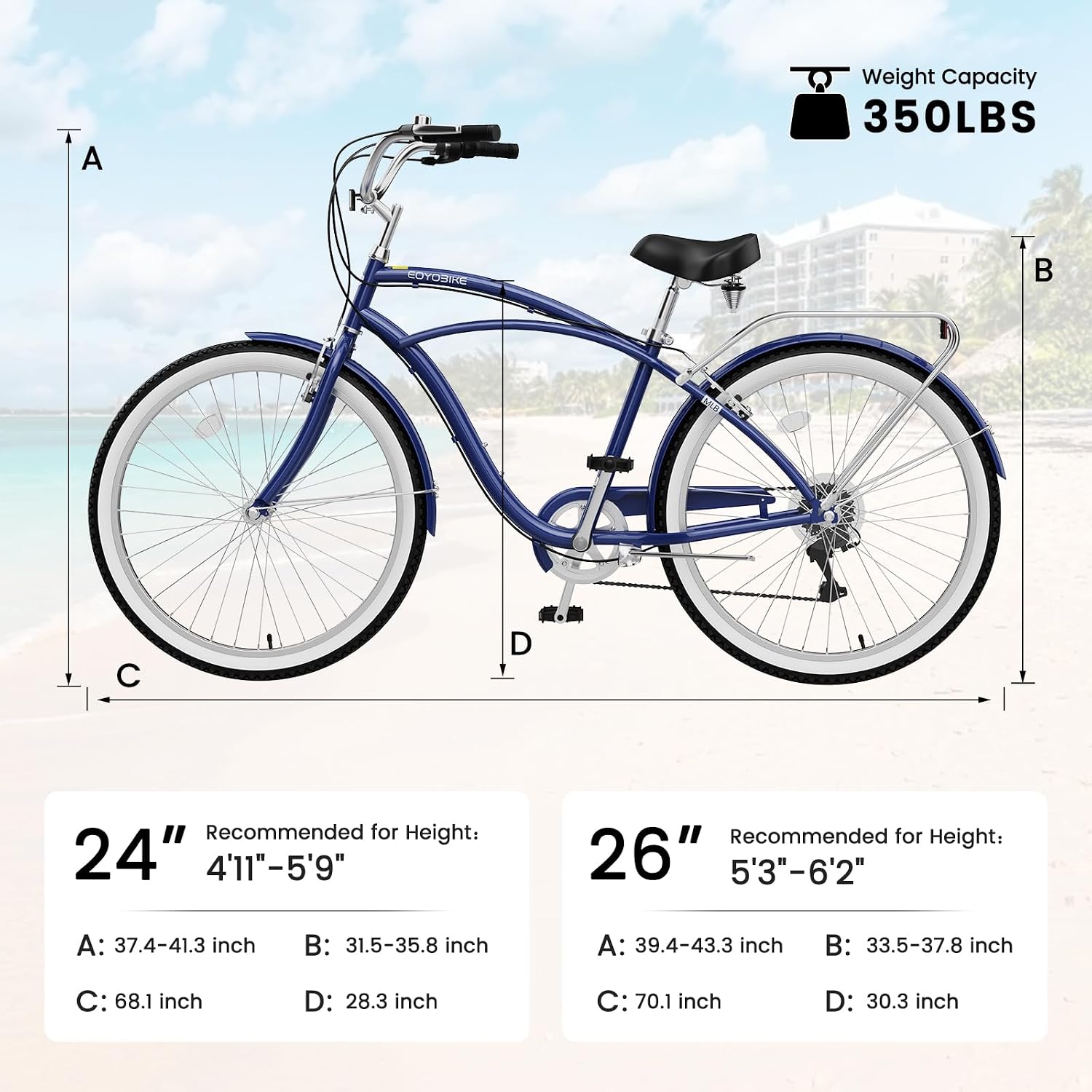 Cruiser Bike for Adults, 7-Speed Beach Cruiser Bicycle, 24/26 Inch Step-Through or High-Bar Frame, Comfort City Commuter Bike with Rear Rack, Fenders, Wide Saddle for Women & Men