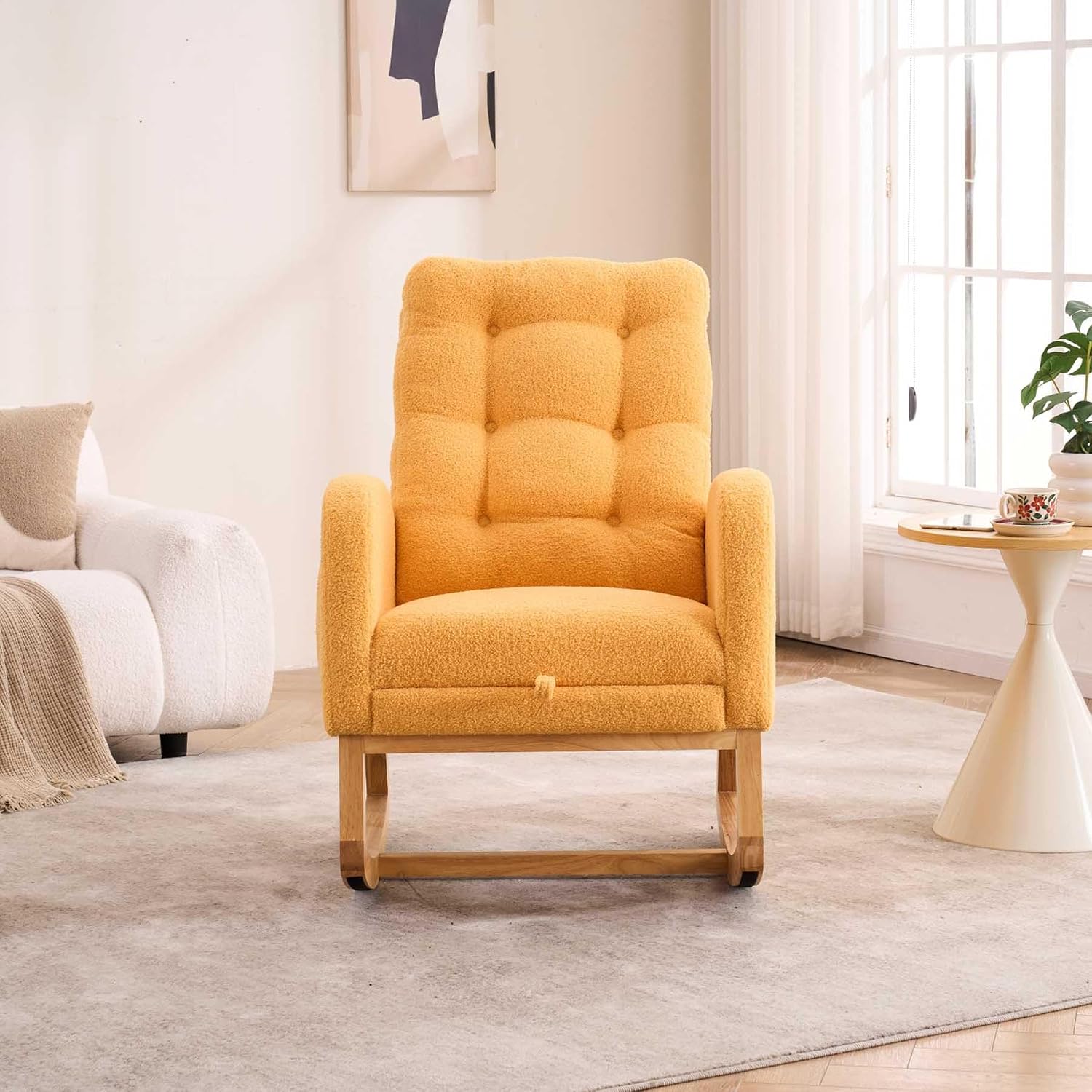 Nursery Rocking Chair with Foot Rest & Side Pocket, 300lbs Capacity, Rocking Chairs with High Backrest, Suitable for Living Room Bedroom, Comfort (Yellow)