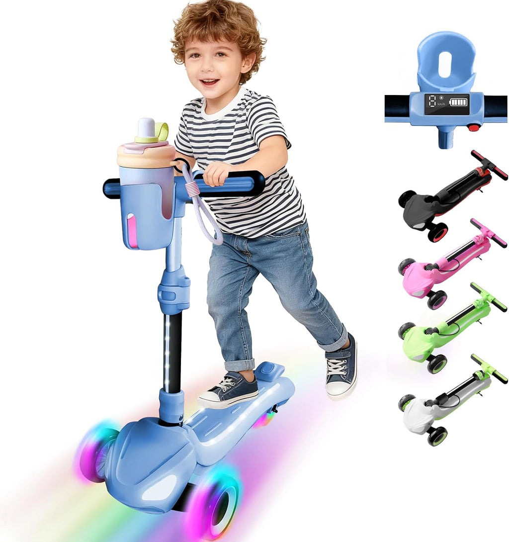 3 Wheel Electric Scooter for Kids Ages 3-10, w/Storage Basket, LCD Screen, Full Body Lights Up, Wide Deck, 5Mph Safe Speed, 90min Riding, Balance Foldable Kick Scooter for Boys & Girls