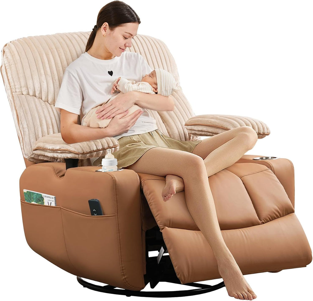 SUNWAVE Power Nursery Rocking Chair with Adjustable Armrests, Nursing Chair with USB, Cup Holders, Swivel Rocker Recliner with Corduroy and PU Leather Fabric
