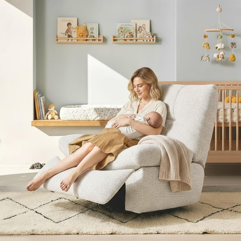Nouhaus Swivel Rocking Chair Nursery, Oversized Glider Rocker Recliner Chairs w/Footrest, USB & Type-C Ports, Rocking Recliner Chair for Nursery, Living Room (Snooze Classic, Linen White)