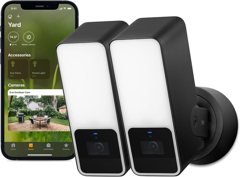 Eve Outdoor Cam 2-Pack Secure floodlight Camera, High Security & Privacy (HomeKit Secure Video), 1080p, Night Vision, Wi-Fi (2.4 GHz), Motion Sensor, 2-Way Communication, People/pet/Vehicle Detection