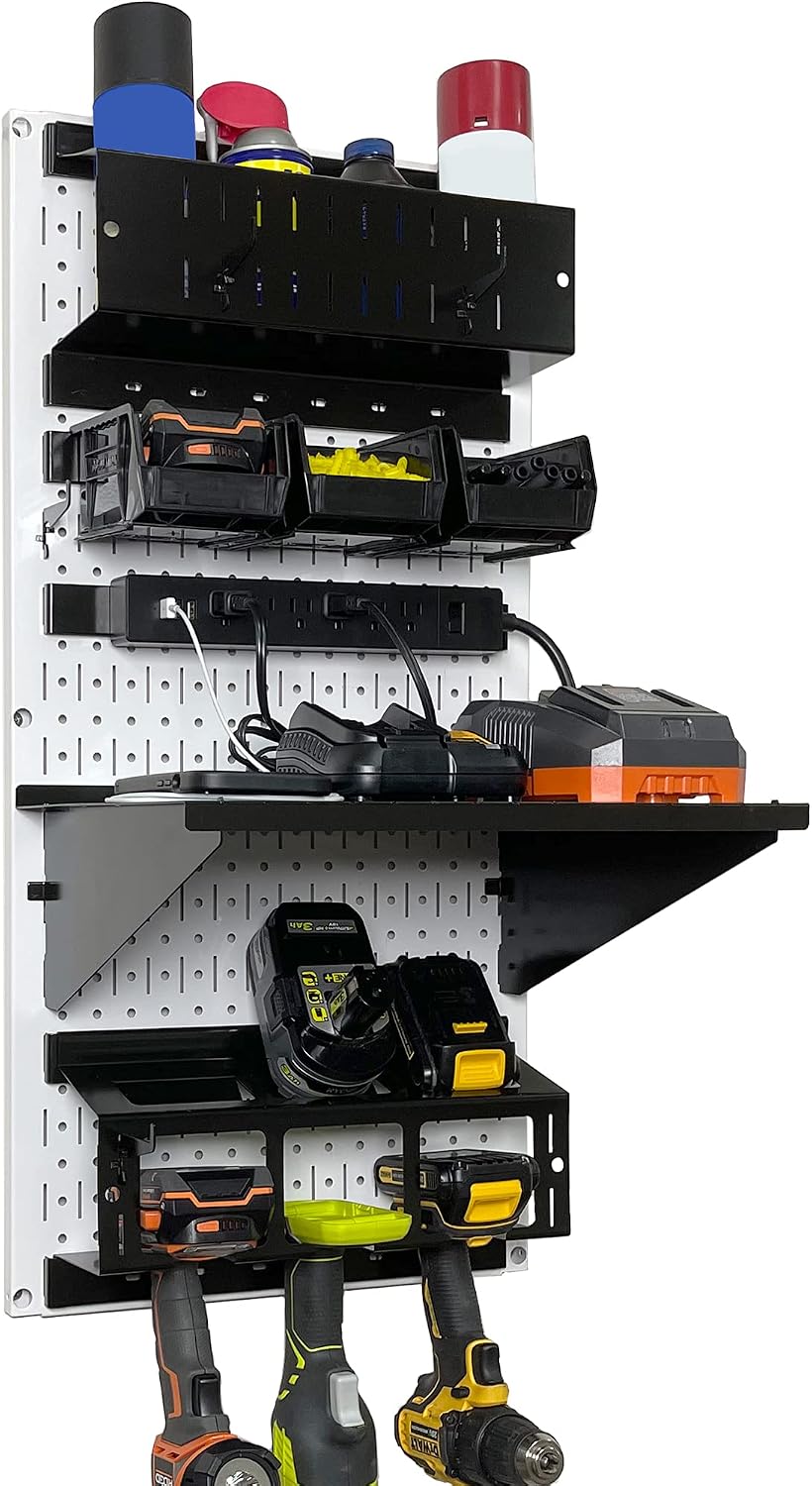 Wall Control Power Tool Storage Organizer Kit Cordless Drill Holder Charging Station Rack 16' x 32' Metal Pegboard Organization System (White Pegboard)