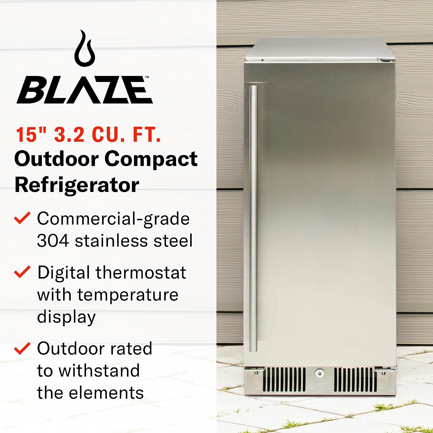 Blaze 15-Inch Outdoor Rated Compact Refrigerator | 3.2 Cu. Ft. Stainless Steel Fridge with Reversible Door & Adjustable Shelves | UL Certified for Outdoor Use | BLZ-SSRF-15