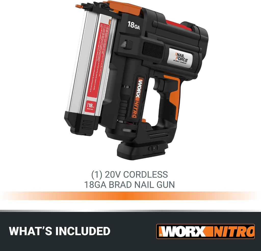 Worx Nitro 20V 18GA Brad Nailer Cordless Fires 80 Nails Per Minute, Cordless Nail Gun Anti-Ejection, Nail Gun Battery Powered Tool-Free Jam Release WX842L.9 Power Share – Tool only