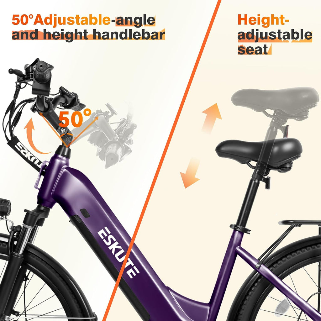 ESKUTE Electric Bike for Adults-1300w Peak Ebike, 28MPH Step Thru Electric Bicycle，70Miles 840 WH Removable Battery e-Bike, 7-Speed 26'' tire, Adjustable Stem,
