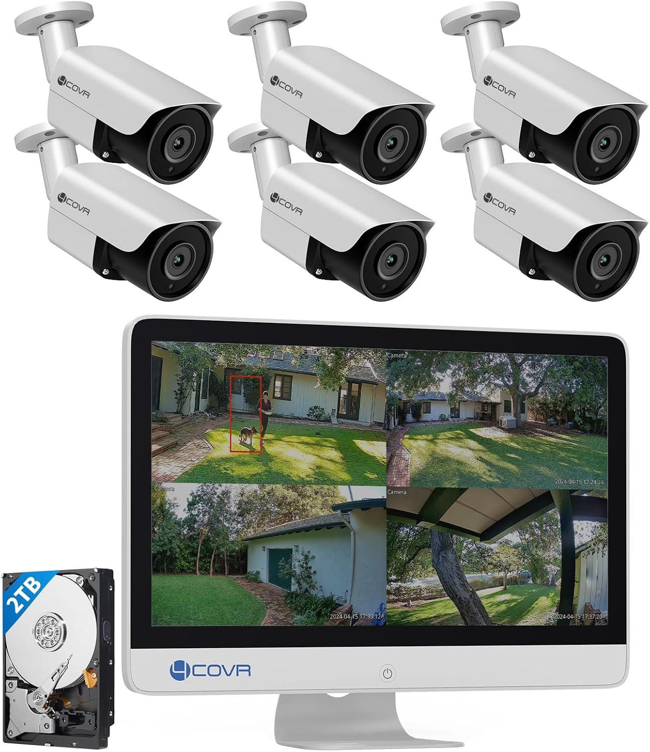 4COVR PoE Security Camera System with Monitor 4K, AI Human/Vehicle Detection, 8 Channel 8MP NVR with Monitor Pre-Installed 2TB HDD, 6Pcs 8MP Wired Bullet IP Camera IP67 Night Vision, LY37EX8MU806