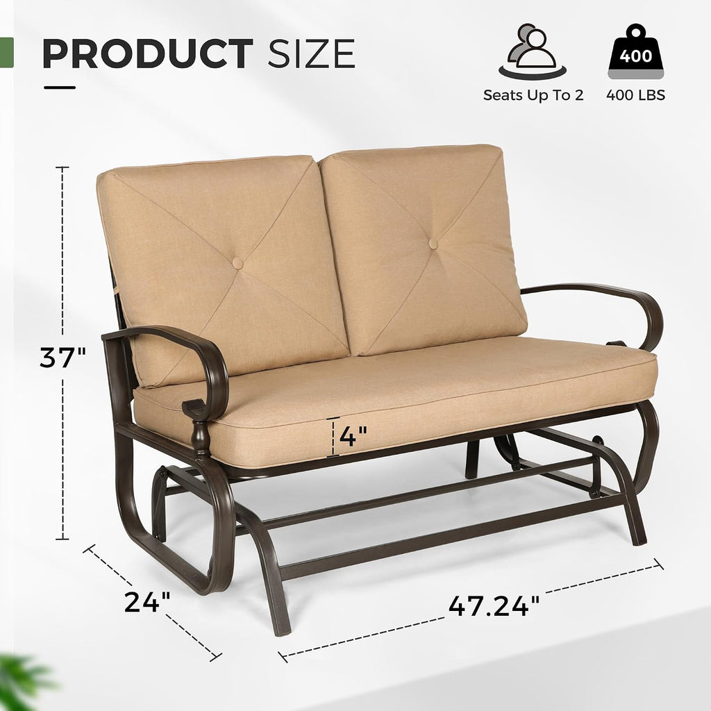 Crownland Outdoor Patio Glider Chair, Rocking Glider Bench for 2 Person, Porch Furniture Loveseat Seating, Wrought Iron Patio Gliders for Outside, Porch, Garden(Brown)