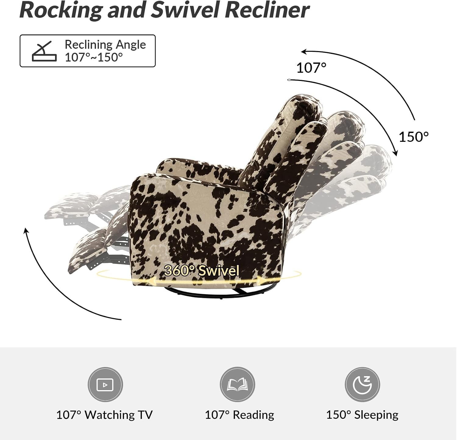 HULALA Home Recliner Chair Set of 2, Modern Printed Fabric for Living Room, Rocker Recliner Sofa Comfy Armchair 360 Degree Swivel, Nursery Rocking Chairs with Adjustable Backrest & Footrest/Brown