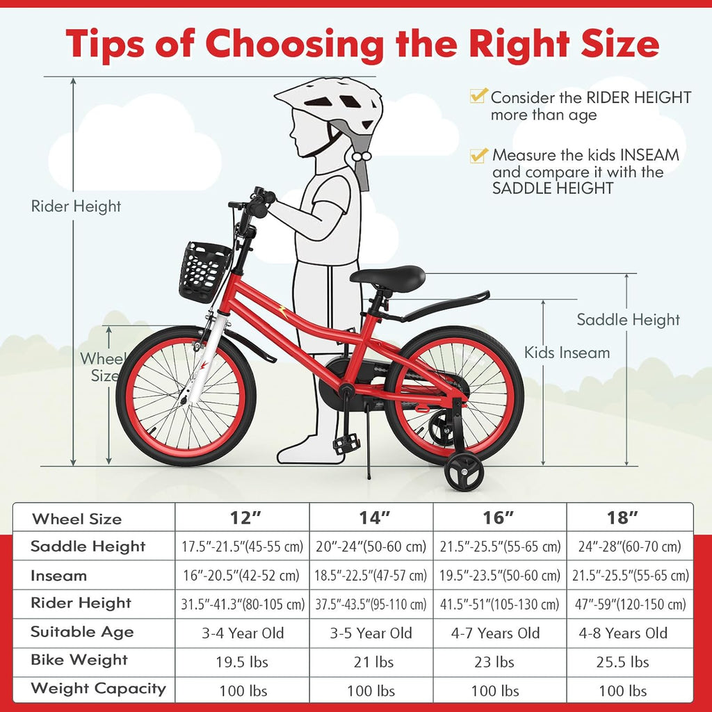 COSTWAY Kids Bike, 12 14 16 18 20 Inch Toddler Bike for Boys & Girls Aged 3-8 Years Old, Kids Bicycle w/Removable Training Wheels, Handbrake & Coaster Brake, Basket, Bell