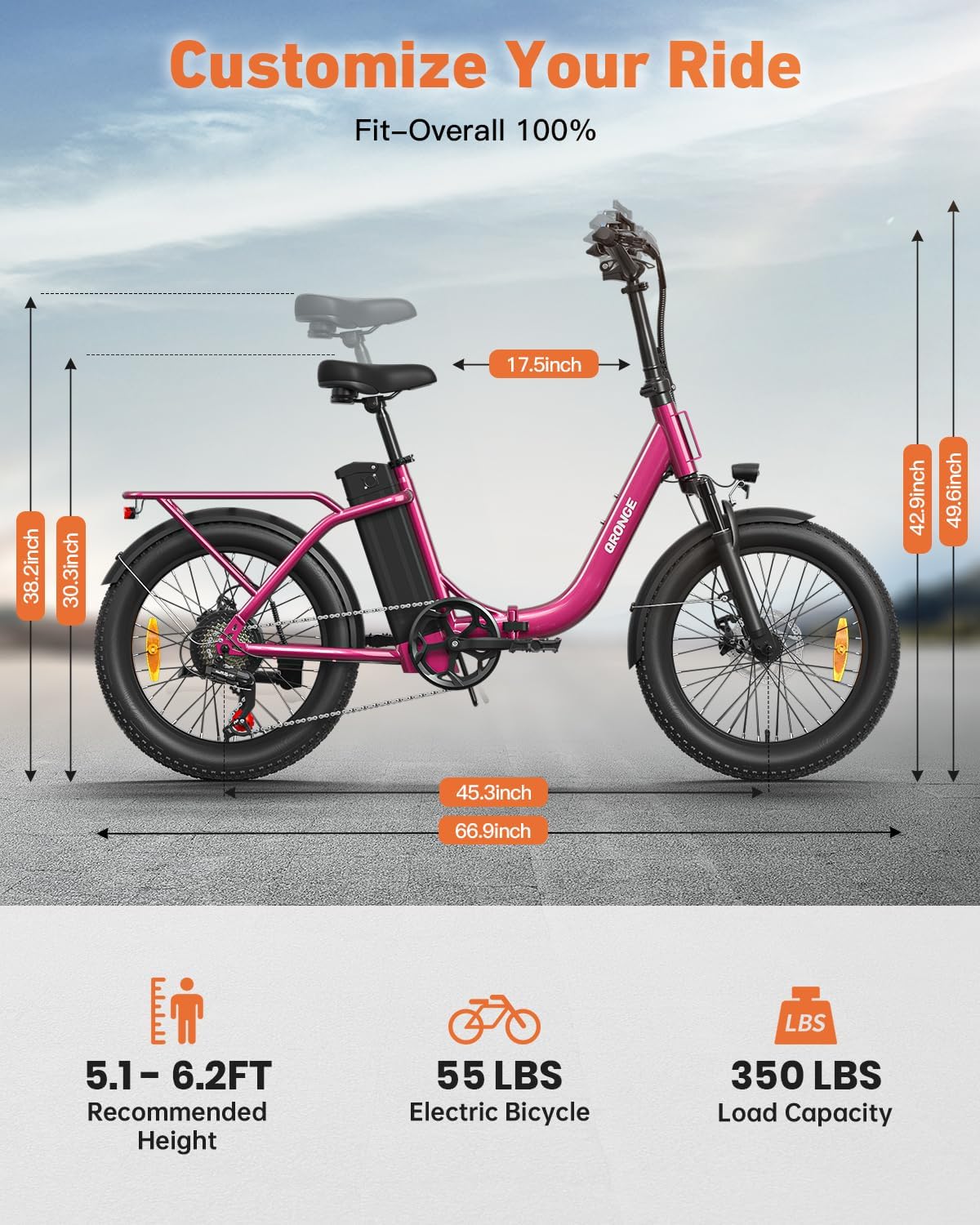 QRONGE Electric Bike, 1000W Peak Folding Electric Bike, 486Wh 70 Miles Range Ebike, 20' Step-Thru Bicycle with Front Basket, Waterproof Removable Battery, 7 Speed, 25 MPH Max, Rose Red