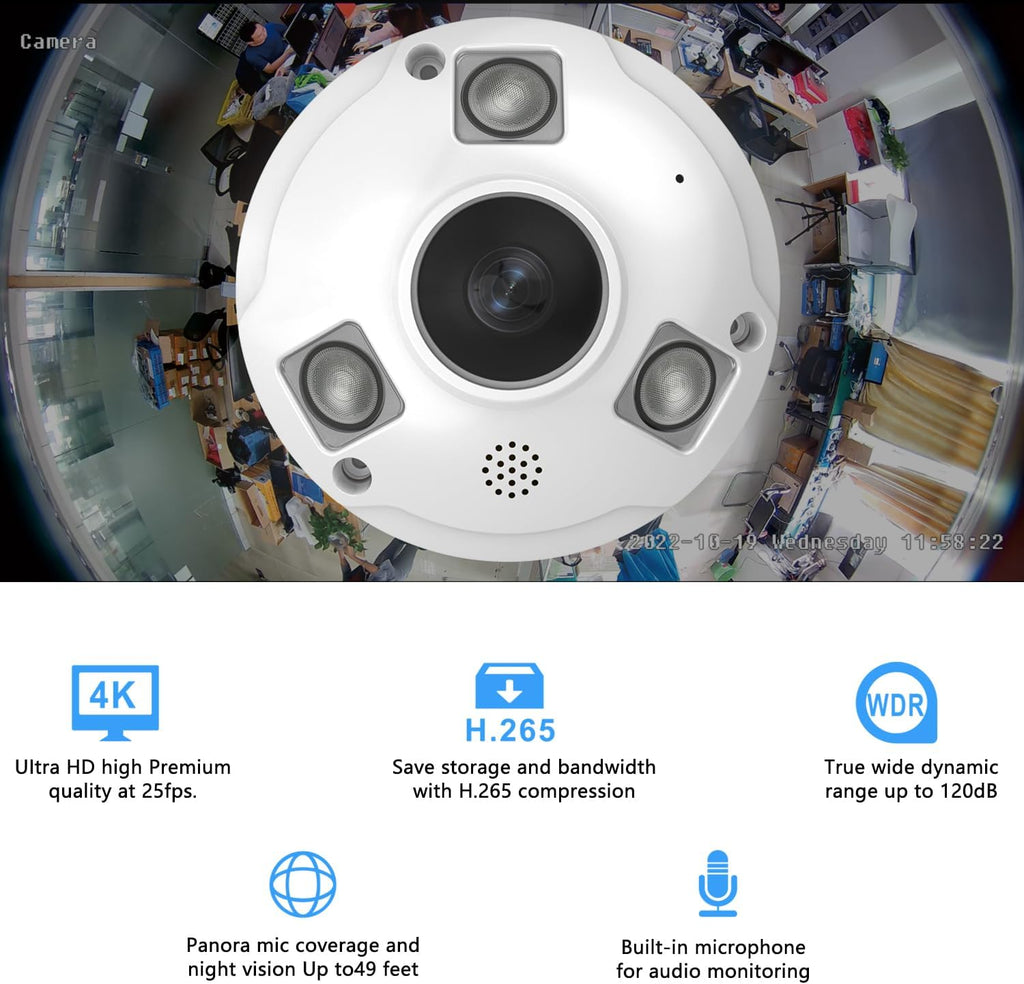 4K POE IP Fisheye Camera, 1.7mm Lens, 49ft Infrared, WDR, Metal housing, IP66 Water-Proof Indoor&Outdoor Panoramic Security Camera(Compatible with Hikvision/Dahua NVRs)