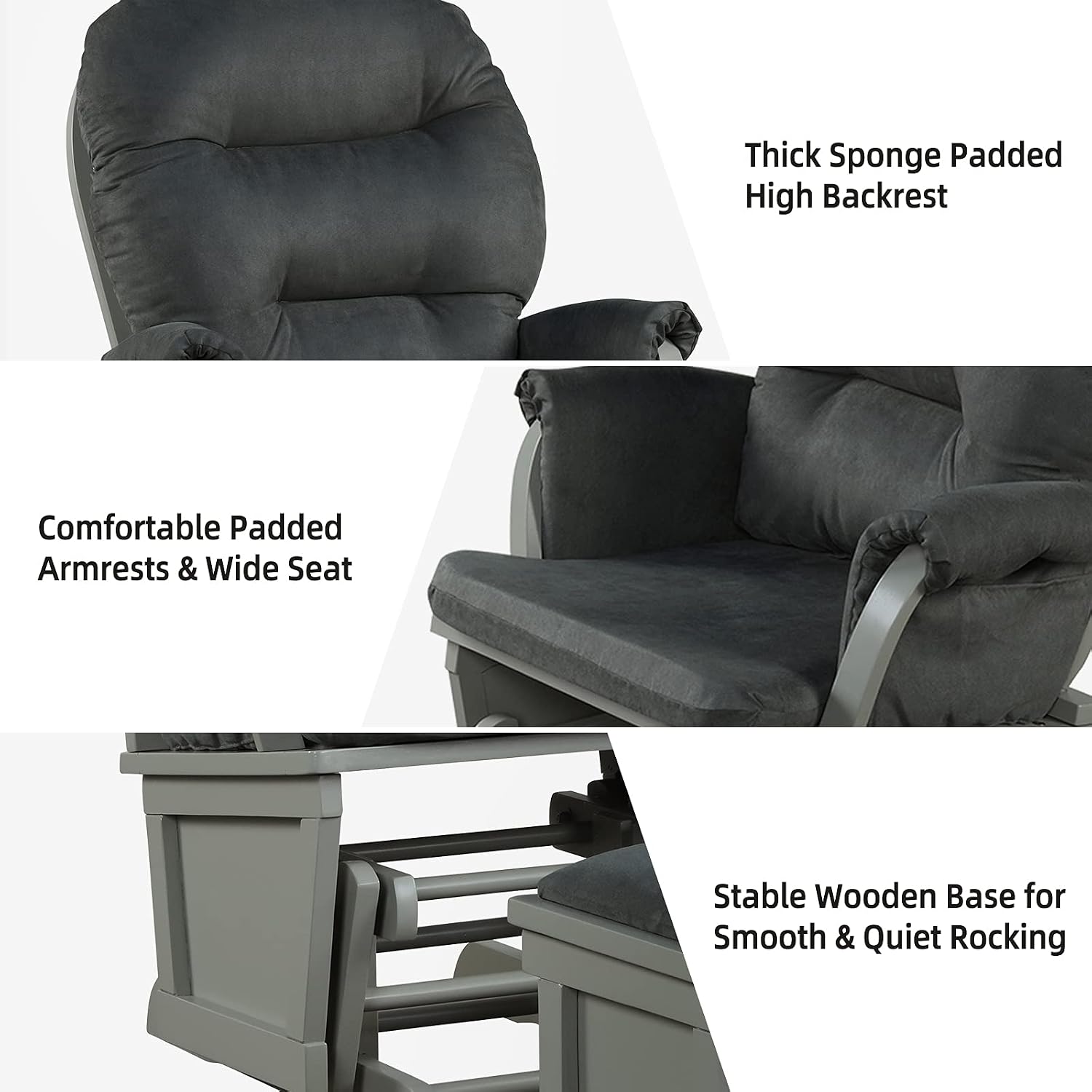 Costzon Baby Glider and Ottoman Cushion Set, Wood Baby Rocker Nursery Furniture for Napping, Nursing, Reading, Upholstered Comfort Nursery Chair w/Padded Armrests & Detachable Cushion (Dark Grey)