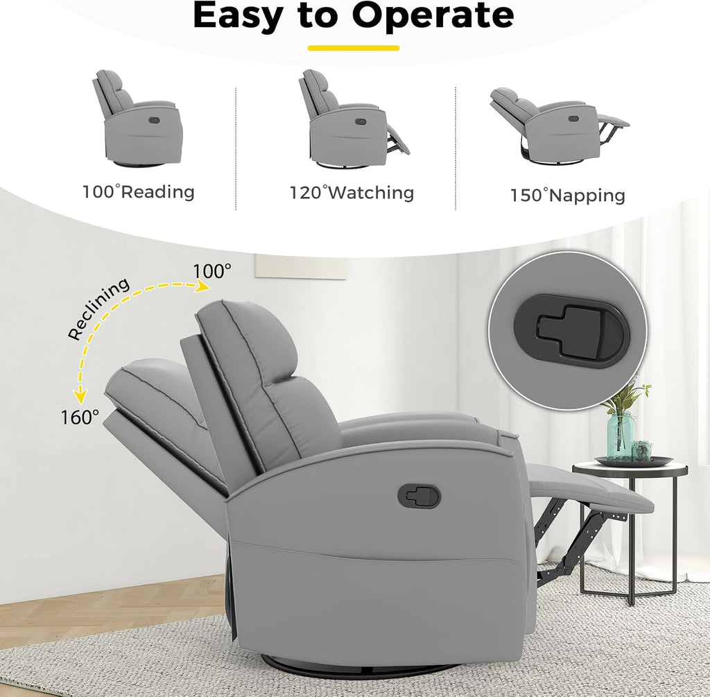 ANJ Manual Swivel Rocker Recliner, Glider Recliners with Padded Armrest and Backrest, Soft Faux Leather Nursery Rocking Recliner Chair Reclining Sofa for Living Room