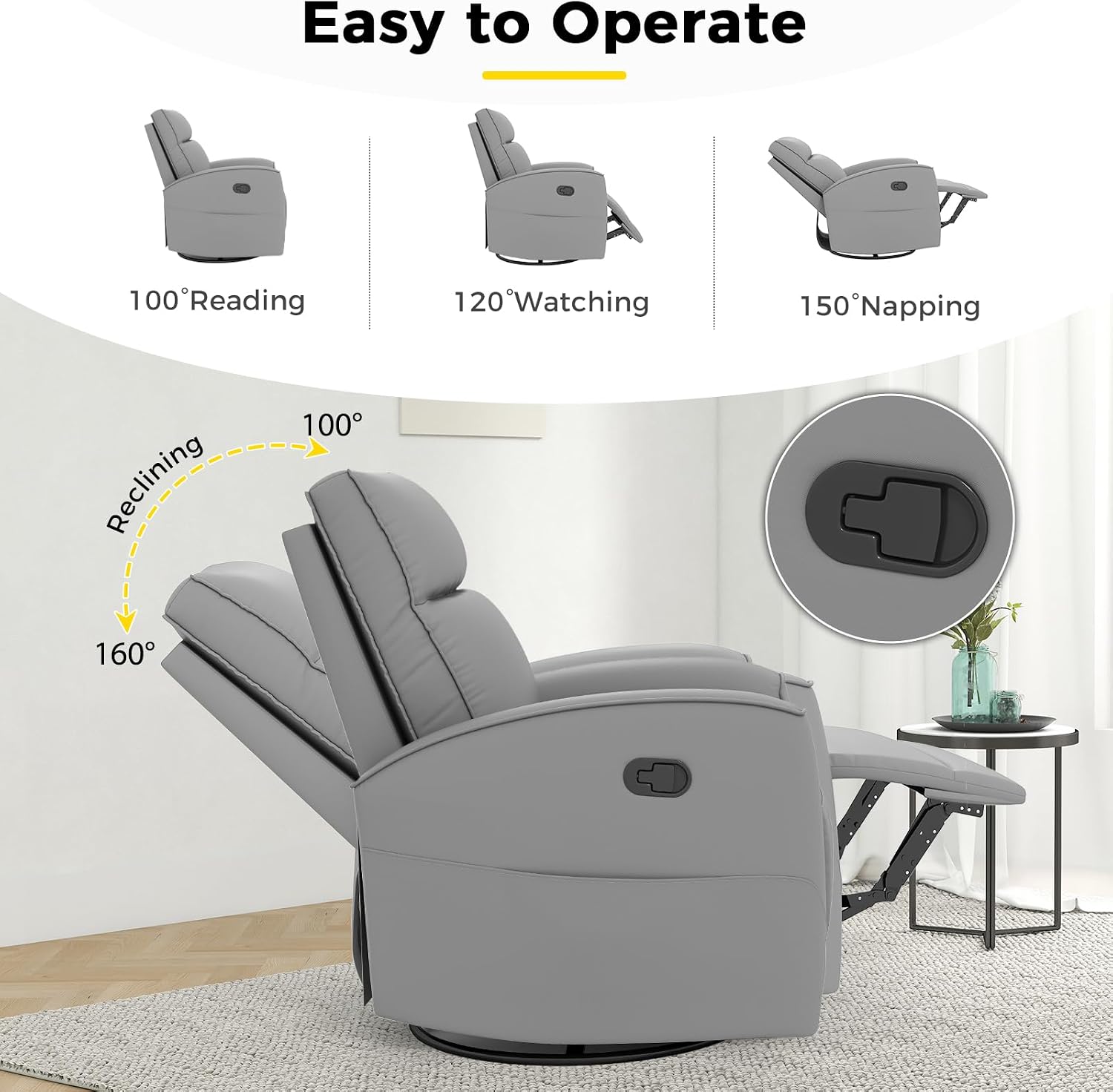ANJ Manual Swivel Rocker Recliner, Glider Recliners with Padded Armrest and Backrest, Soft Faux Leather Nursery Rocking Recliner Chair Reclining Sofa for Living Room