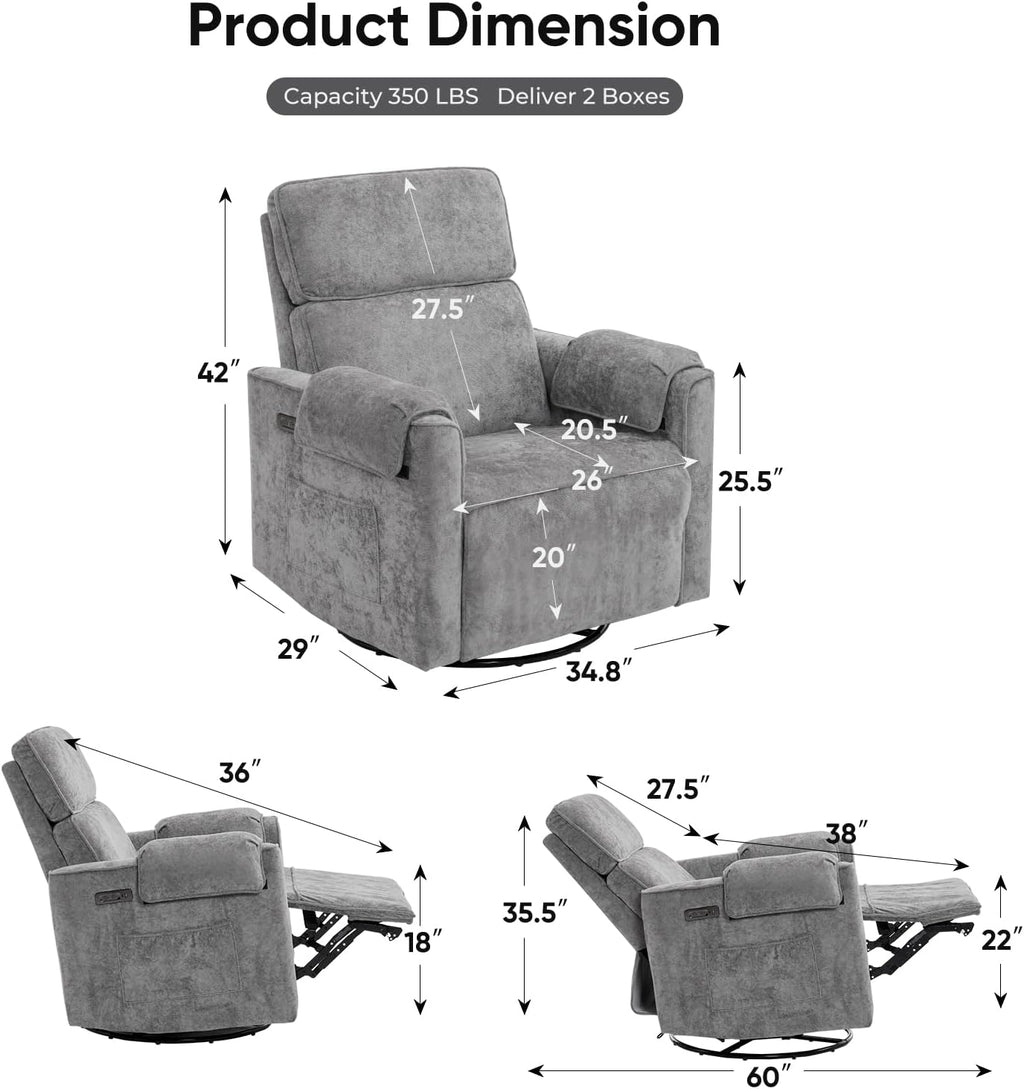 Oversized Power Recliner Chair, 26' Extra Wide Swivel Rocker Recliner with Adjustable Headrest, Chenille Glider Rocking Nursery Chair with Overstuffed Armrest, USB Ports, Grey