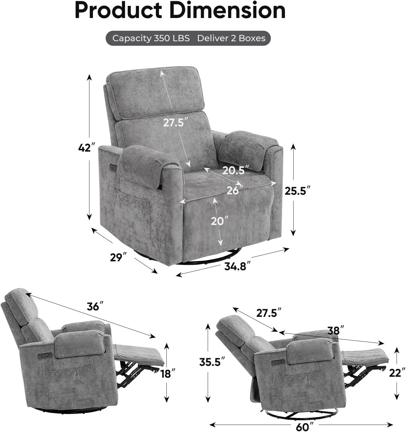 Oversized Power Recliner Chair, 26' Extra Wide Swivel Rocker Recliner with Adjustable Headrest, Chenille Glider Rocking Nursery Chair with Overstuffed Armrest, USB Ports, Grey