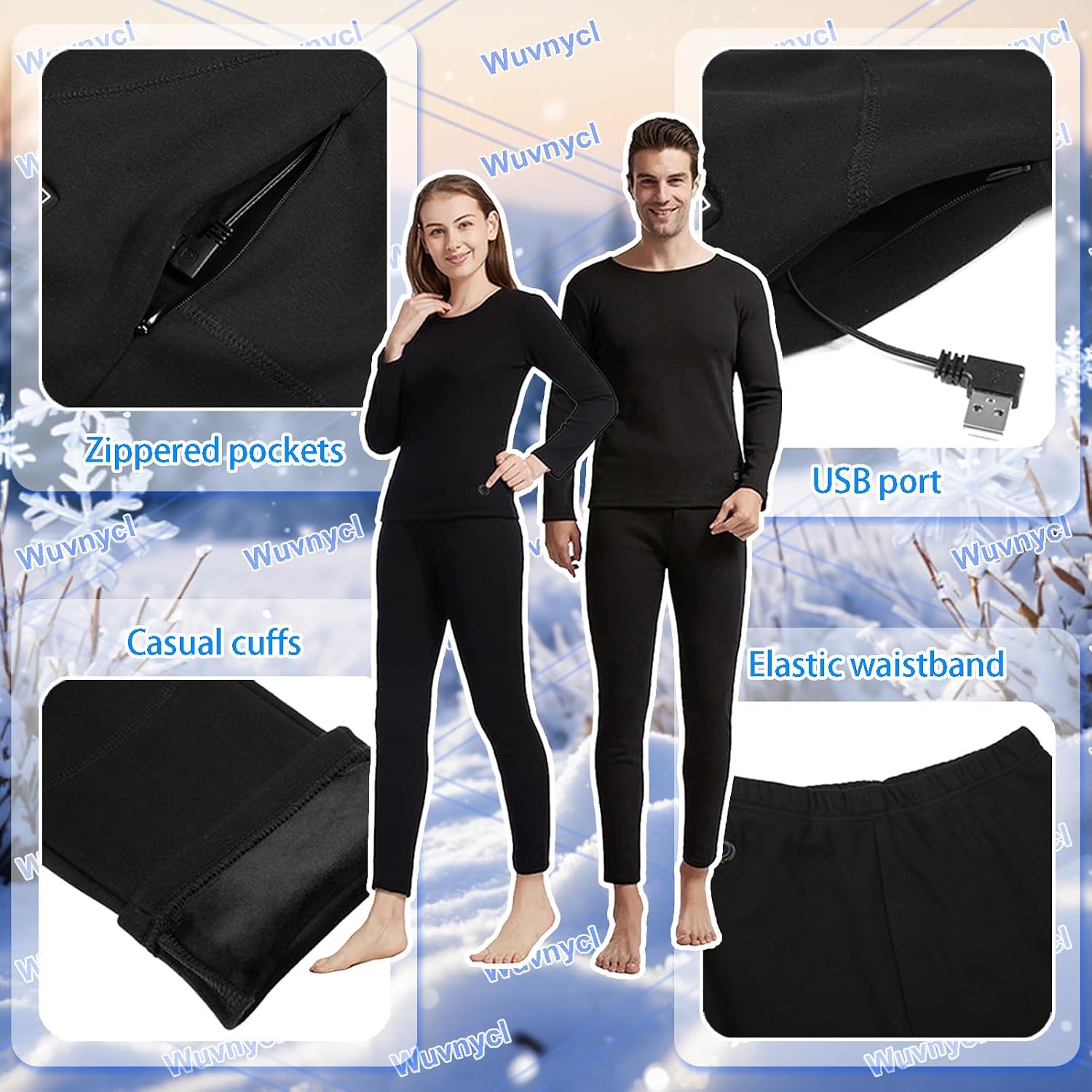 Heated Thermal Underwear Set for Men Women, 20 Zone Electric Heating Baselayer Long Johns for Outdoor Cycling HuntingBlack,XS