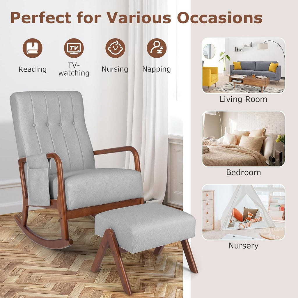 GOFLAME Nursery Rocking Chair with Ottoman, Upholstered Glider Rocker with Tufted High Backrest and Side Pocket, Modern Accent Chair with Footrest, Comfy Armchair for Living Room, Bedroom, Grey