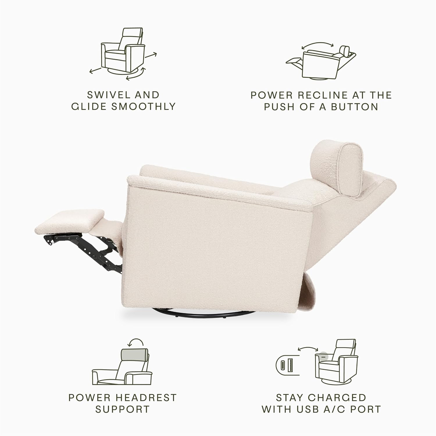 Namesake Willa Plus Power Glider Recliner w/Power Headrest in Performance Ivory Boucle, Water Repellent and Stain Resistant, Greenguard Gold and CertiPUR-US® Certified