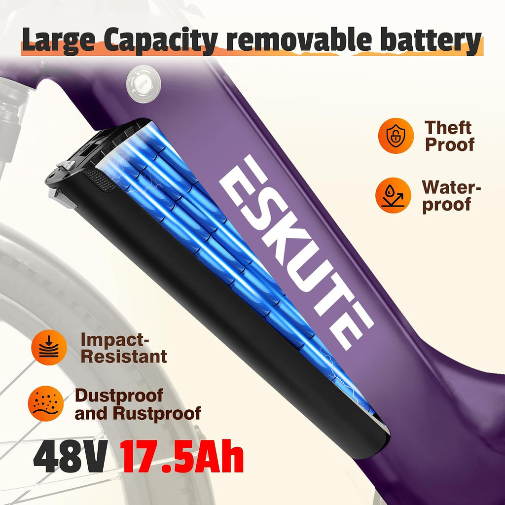ESKUTE Electric Bike for Adults-1300w Peak Ebike, 28MPH Step Thru Electric Bicycle，70Miles 840 WH Removable Battery e-Bike, 7-Speed 26'' tire, Adjustable Stem,