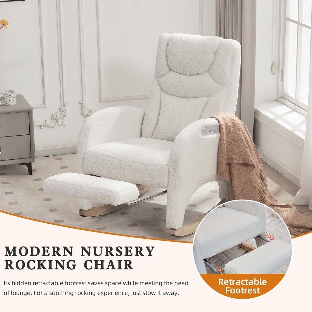 Rocking Chair Nursery with Foot Rest,Upholstered Teddy Glider Rocker with Wood Legs, Nursing Rocking Chair for Living Room/Nursery,Ivory