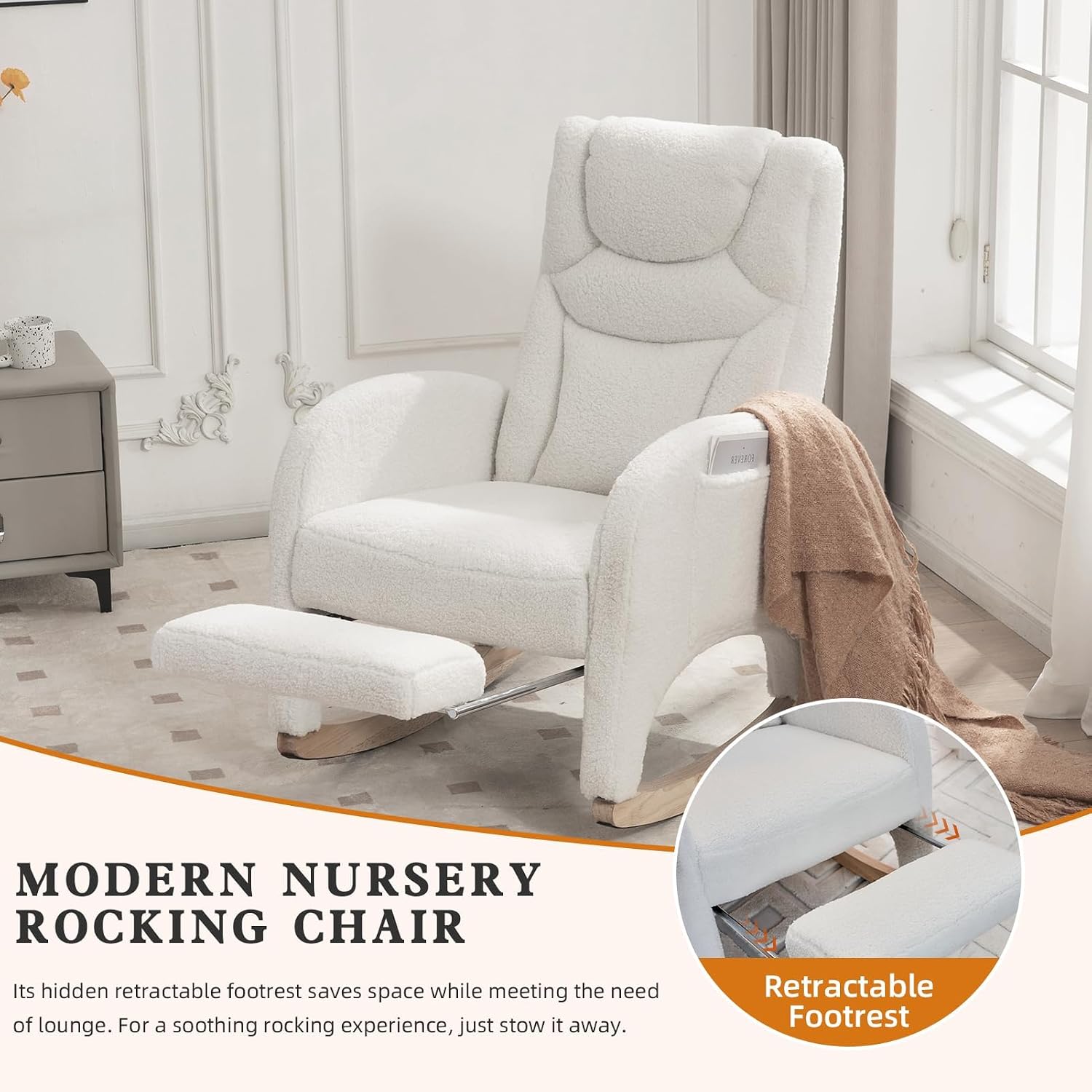 Rocking Chair Nursery with Foot Rest,Upholstered Teddy Glider Rocker with Wood Legs, Nursing Rocking Chair for Living Room/Nursery,Ivory