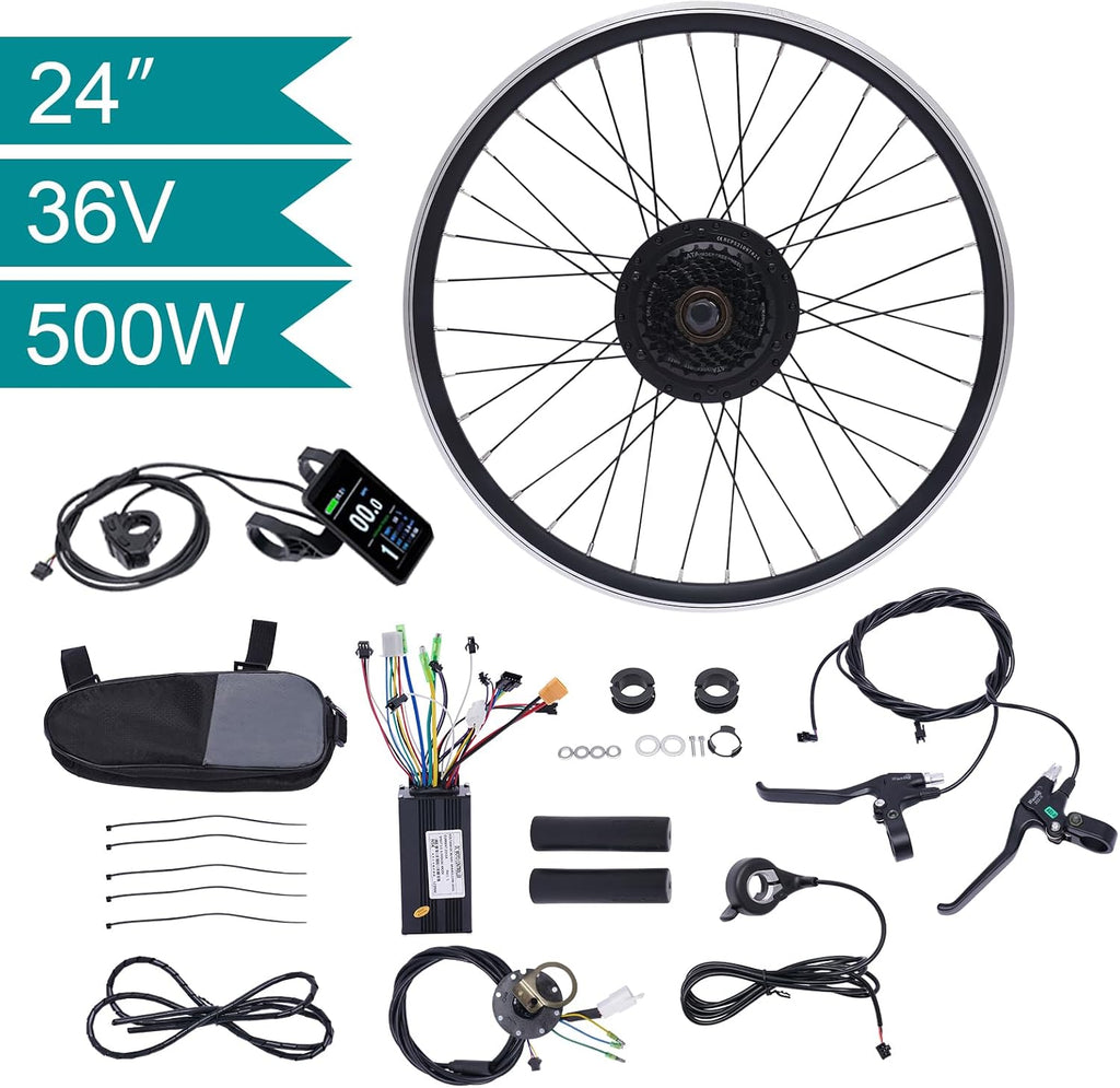 24' Electric Bike Conversion Kit, 36V 500W Rear Wheel E-Bike Conversion Kit,Powerful Motor E-Bike Conversion Kit Dual Mode Controller W/LCD Display Twist Throttle PAS Ebike Wheel Kit