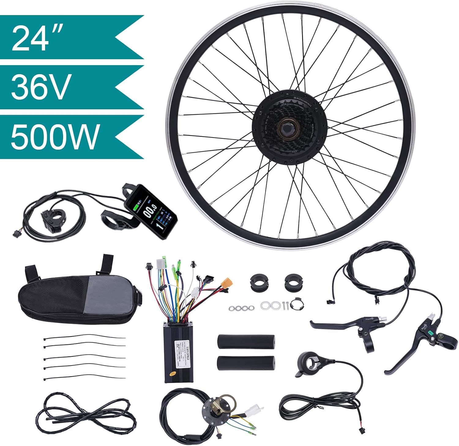 24' Electric Bike Conversion Kit, 36V 500W Rear Wheel E-Bike Conversion Kit,Powerful Motor E-Bike Conversion Kit Dual Mode Controller W/LCD Display Twist Throttle PAS Ebike Wheel Kit