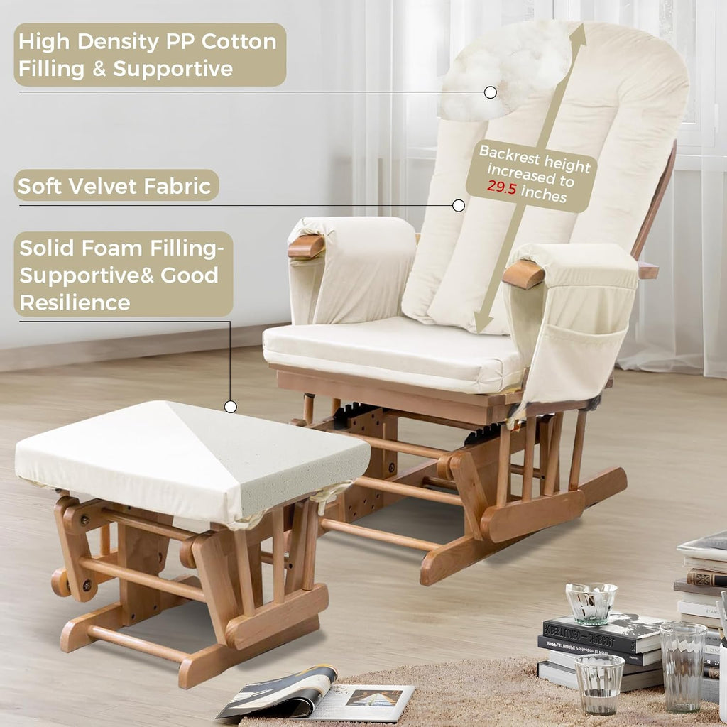 Lucky Monet 5PCS Velvet Glider Rocker Replacement Cushions, Thickened & Supportive Rocking Chair Cushion Set with 29.5 Inch High Backrest & Storage Pockets, for Indoor Nursery Glider, Beige