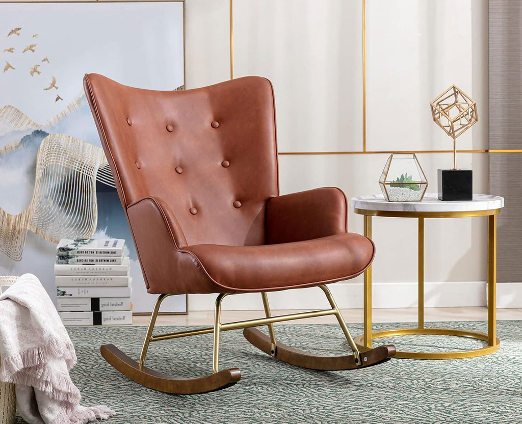 Shunzhi Pu Leather Nursery Rocking Armchair, Modern Reading Accent Chair for Living Room, Bedroom, Office, Small Spaces, Brown