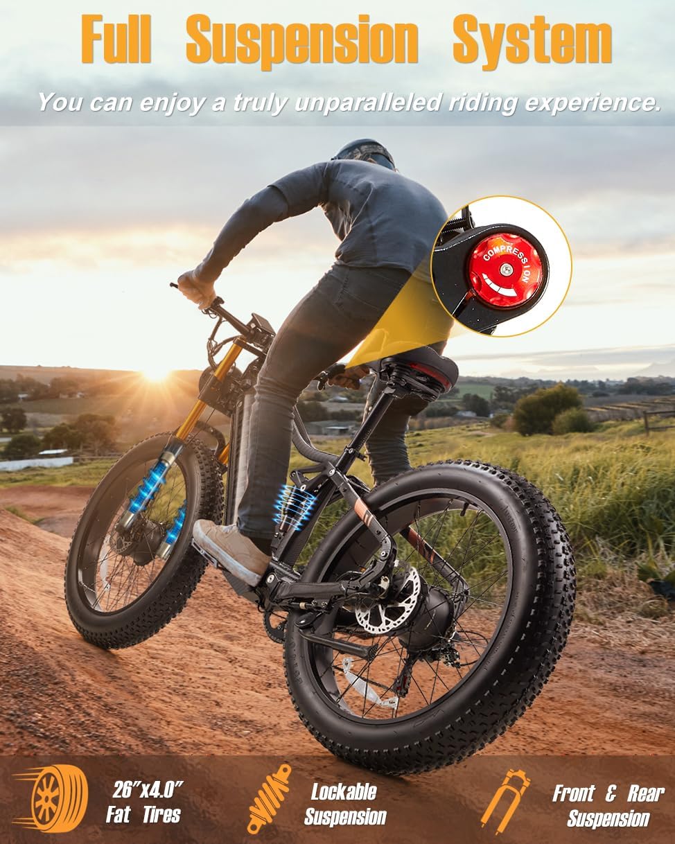 2026 Dual Motor Electric Bike for Adults AWD 5000W/3000W Peak 40 MPH/30 MPH E Dirt Bike, 52V/48V Removable Battery 65/80/150 Miles Max Long Range with Full Suspension 26' Fat Tires Mountain Bike