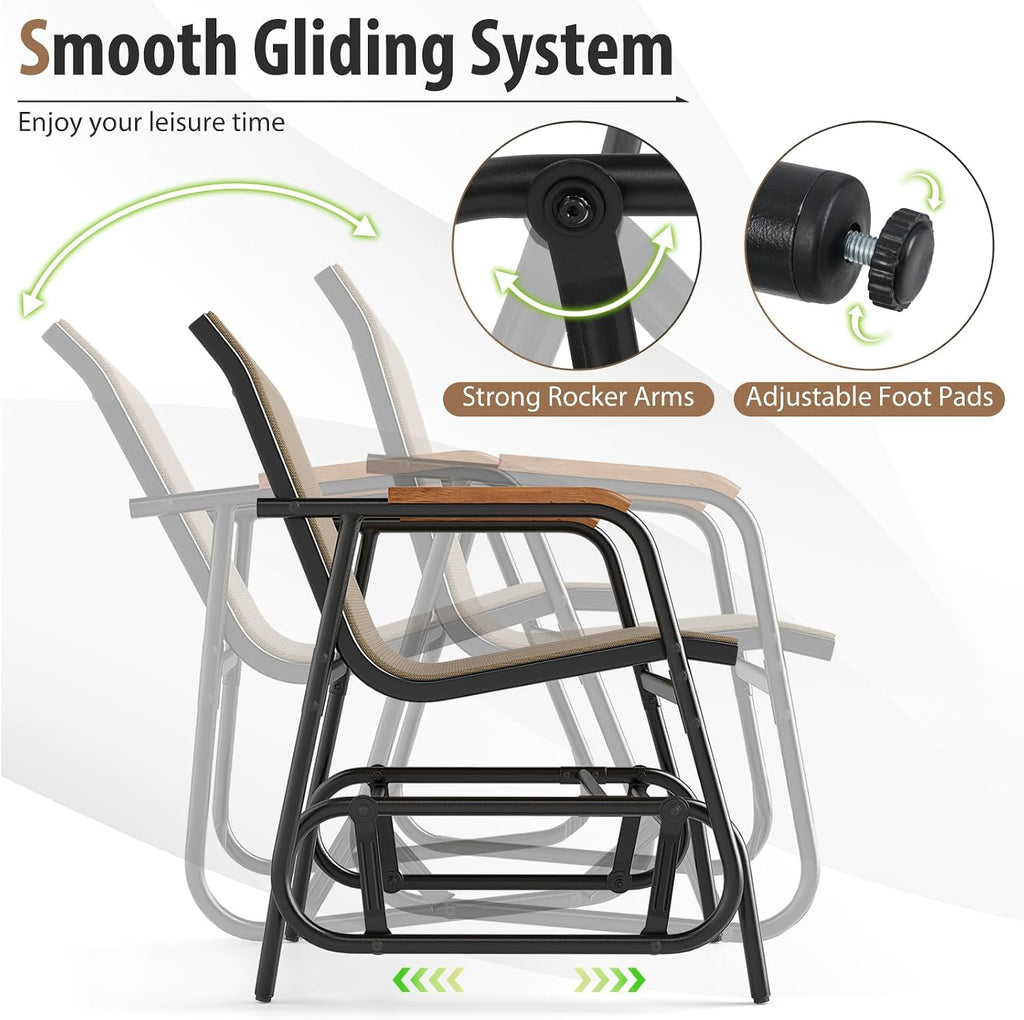Giantex 3-Piece Outdoor Glider Set, 2-Pack Rocking Chairs with Small Tempered Glass Coffee Table, Metal Frame, Porch Rocker, Patio Bistro Set for Outside, Garden, Backyard, Balcony, Brown