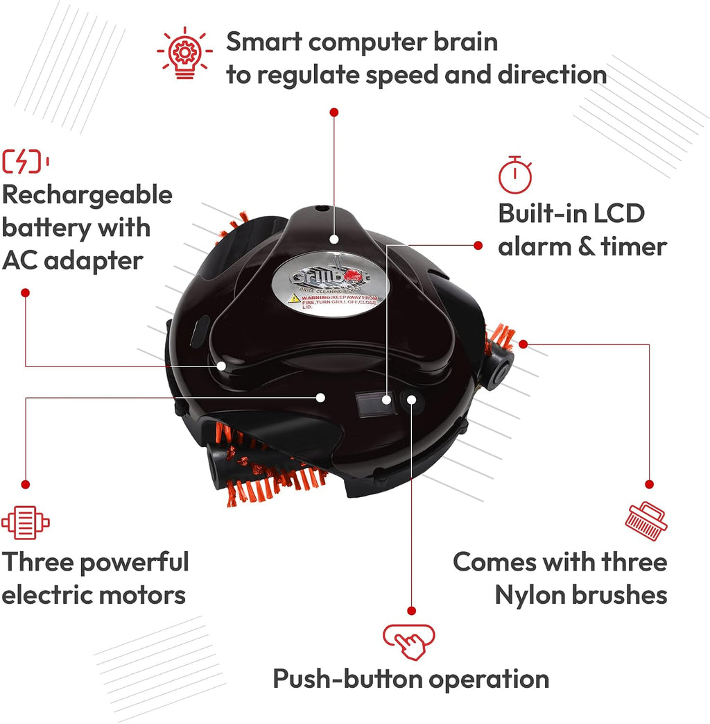 Grillbot Automatic Grill Cleaning Robot with Nylon Brushes, Electric BBQ Cleaner Brush with Motorized Power, Cordless Rechargeable Grill Scrubber for Outdoor Grills (Black and Case)