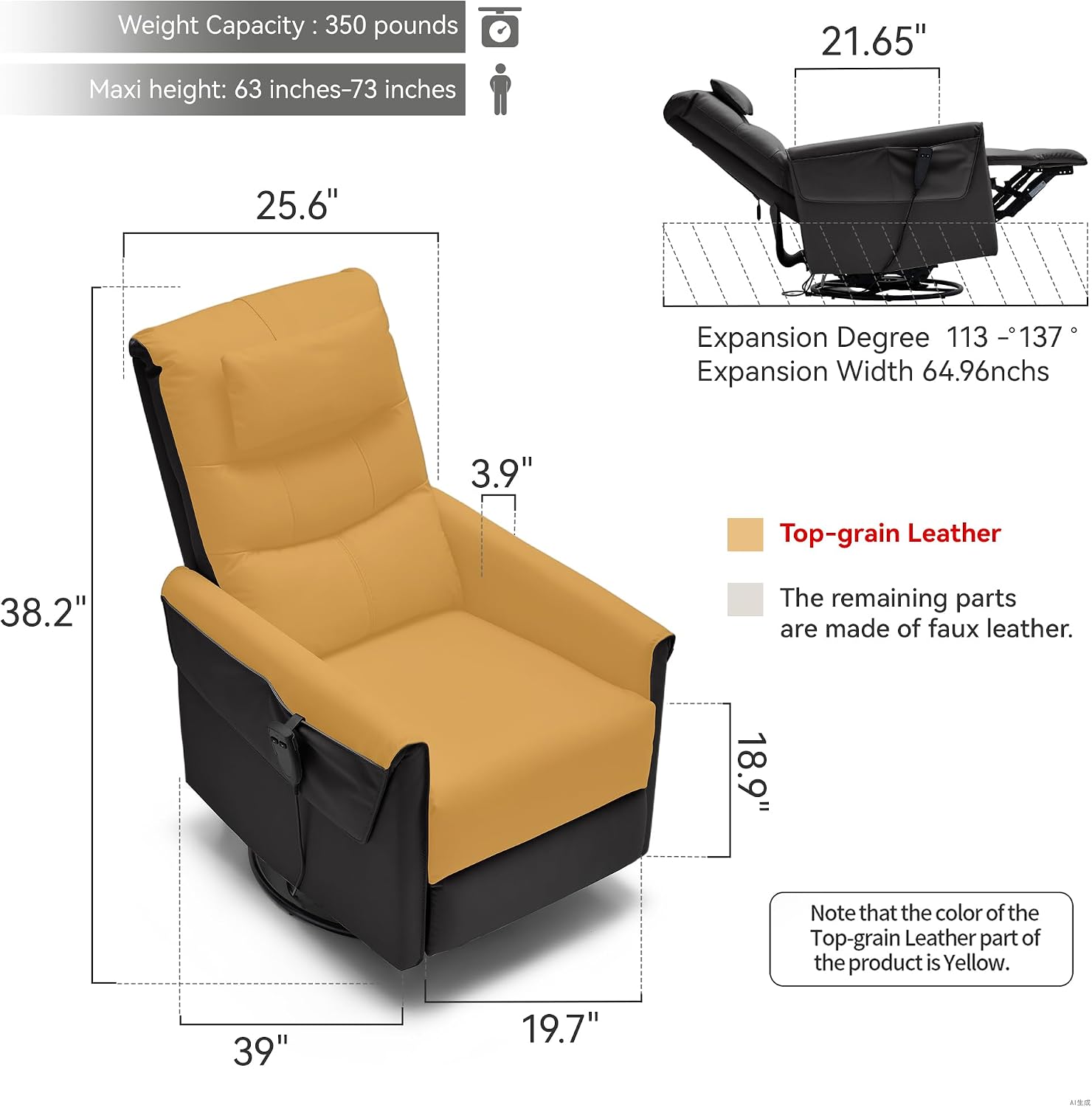 AIRSKY Genuine Leather Power Rocker Recliner Chair, Italian Water-Washing Process, Rocking Chair Nursery,Swivel Rocker Recliner Nursery Glider, Small Recliners for Small Spaces, Black, P1