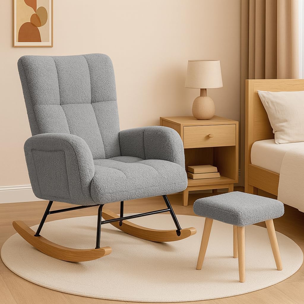 COMHOMA Nursery Rocking Chair with Ottoman, Teddy Glider Rocking Chair, Accent Chair with High Backrest Reading Chair for Adult, Nursery, Bedroom, Living Room, Offices (Gray with Ottoman)