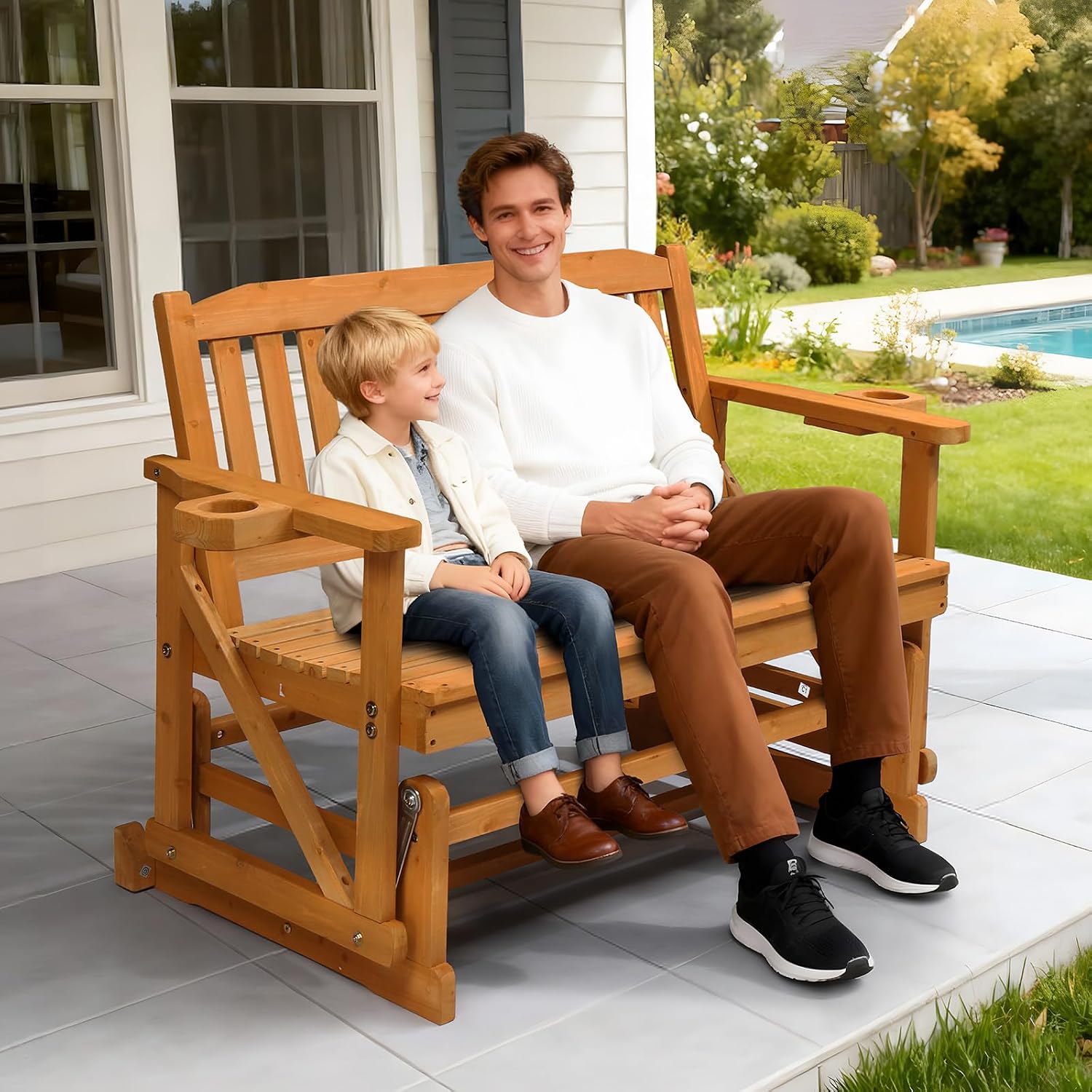VINGLI 2-Person Outdoor Glider Bench, Patio Glider with Cup Holders, Outdoor Rocking Chair Loveseat for Backyard Garden Porch, Teak