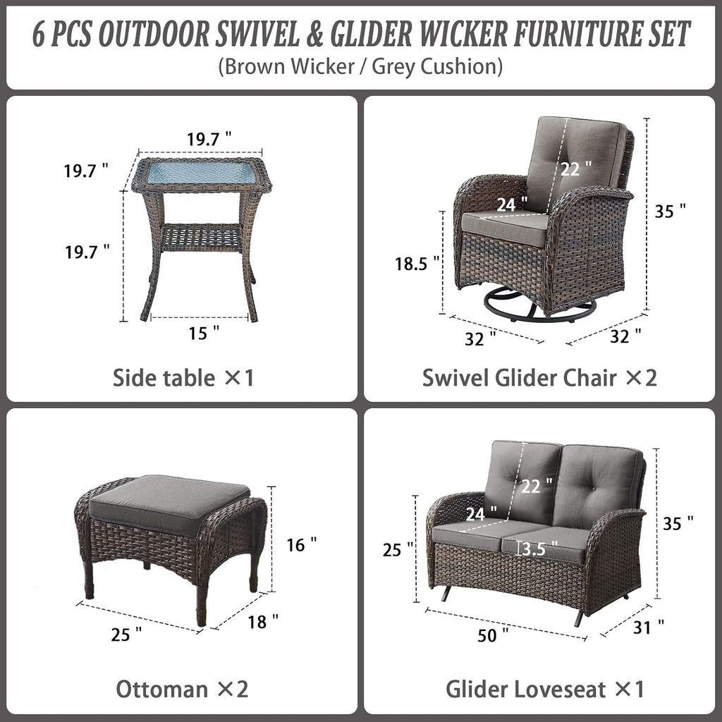 Belord 6 Piece Patio Conversation Sets - Wicker Patio Furniture Sets with Outdoor Swivel Rocker Chairs, Glider Loveseat Perfect for Patio Deck Backyard, Brown Wicker Grey Cushion