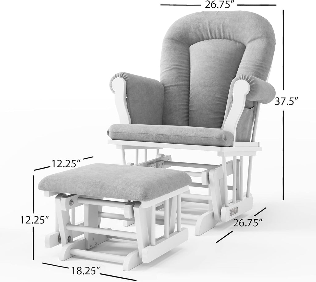 Child Craft Cozy Glider Rocker and Ottoman Set, Smooth Quiet Gliding Motion, Padded Cushion with Convenient Storage Pockets, Solid Wood Base & Frame (Matte White with Light Gray Cushion)