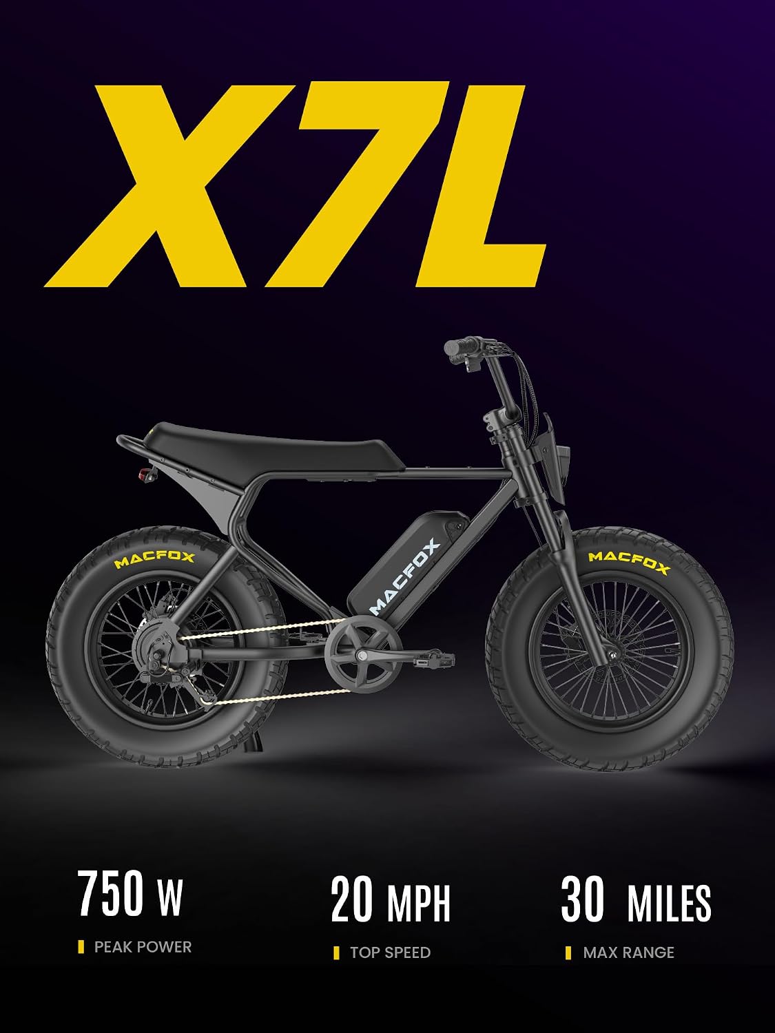 MACFOX X7L Electric Bike for Teens Adults, 750W Peak Power Class 2 Ebike 20MPH with 20x5.0 Rear Fat Tire and Hydraulic Brakes Suitable for Travel in The City/Campus (UL2849/Black/Standard)