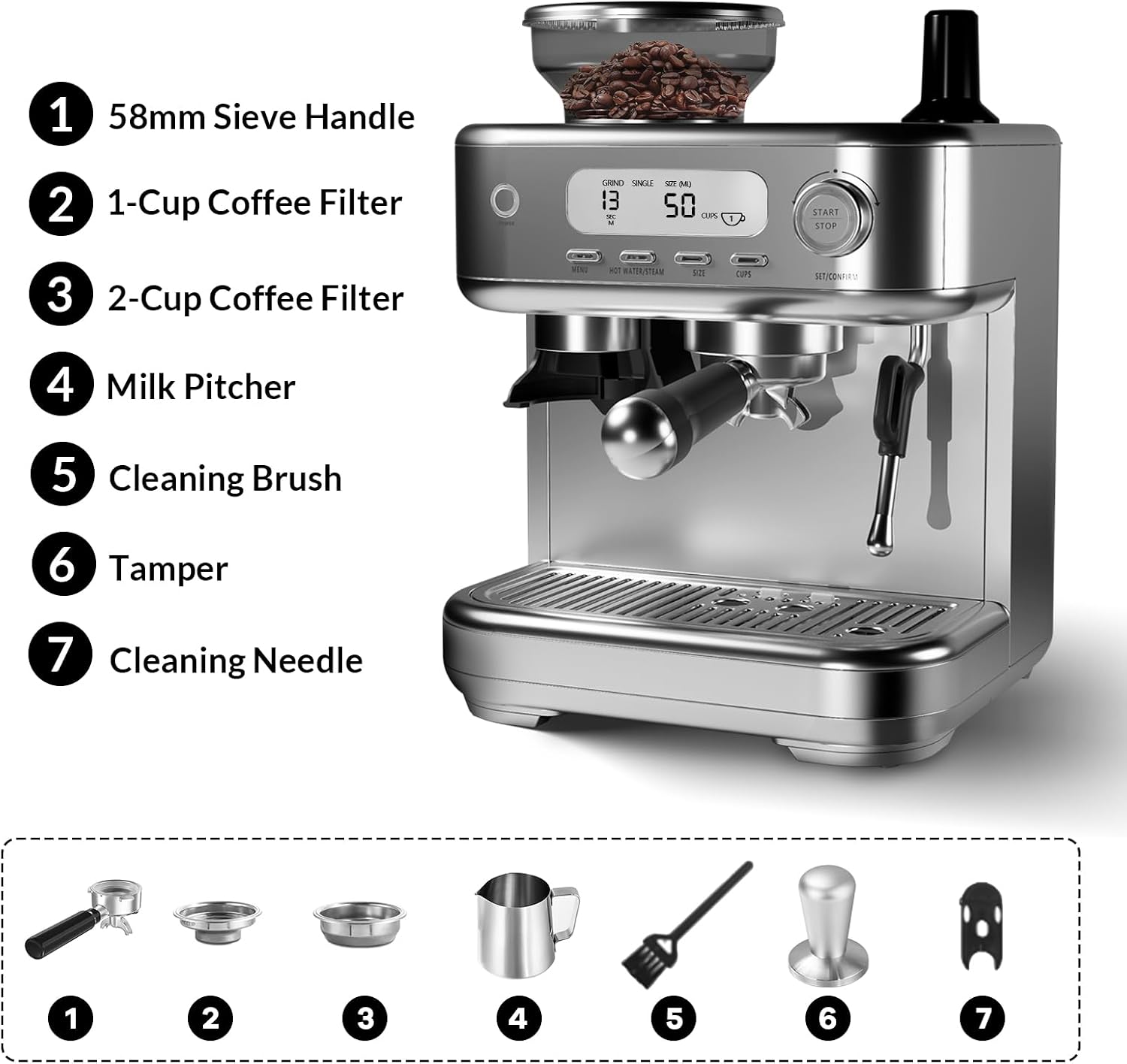 GarveeLife Espresso Machine with Grinder, Professional Coffee and Espresso Maker Combo, Stainless Steel Cafe Espresso Machine with Steam Wand Barista Kit for Cappuccino Latte
