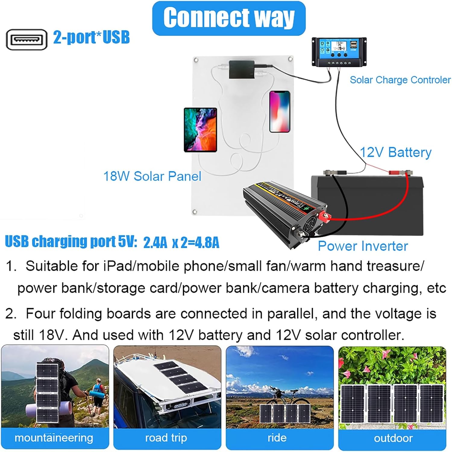 6000W 12V to 110V/220V Solar System Combination Inverter Solar Panel Kit Solar Generator Home Grid System 30A Controller + 18w18v Solar Panel(12V-220V)