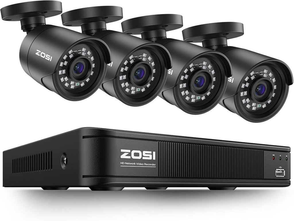 ZOSI 8CH 5MP 3K Lite Surveillance Wired Security Camera System with AI Human Vehicle Detection, 8 Channel H.265+ DVR and 4 x 1080p Bullet Camera Outdoor, 100ft Night Vision, IP66(No HDD Included)