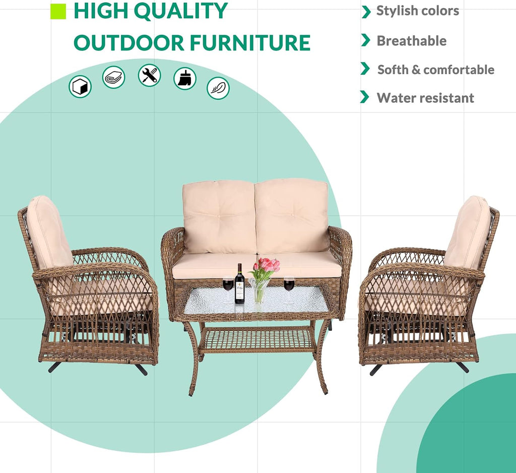 VIVIJASON 4-Piece Outdoor Patio Wicker Conversation Sets, All Weather Outdoor Rattan Furniture Set Includes Glider Loveseat, Coffee Table, 2 Glider Rocker Chairs with Cushions for Lawn Garden Balcony