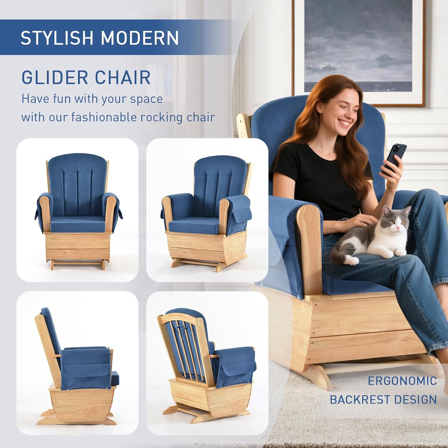 Modern Glider Rocker with Padded Cushion, Solid Wood Glider Gentle Rocking Chair, Soft Skin-Friendly Three Proof Fabric, Water Oil Resistant,Smooth Rocking Motion Indoor Living Room, Blue